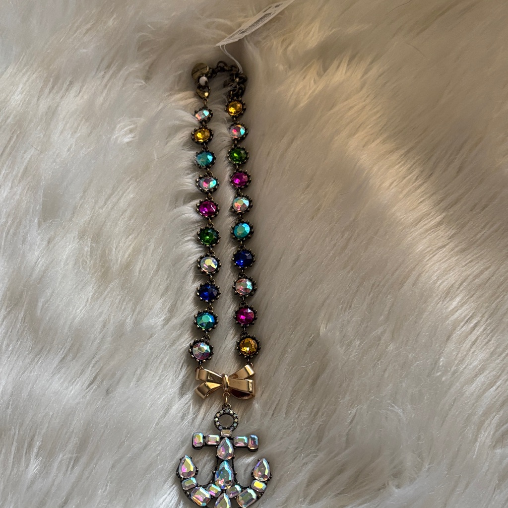 Betsey Johnson Multicolor Crystal Necklace With Gold Bow And Anchor